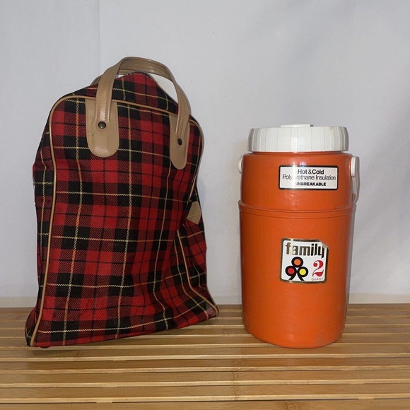 Vintage Orange Family 2 Quart Water‎ Jug With Plaid Carrying Case - Picture 1 of 7